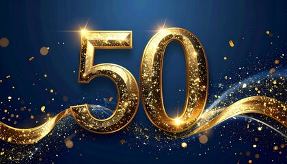 A celebratory graphic features the golden number "50" displayed prominently. Gold ribbons and confetti enhance the festive mood against a dark blue background