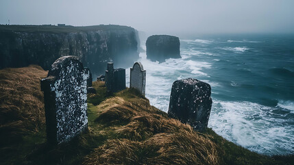 A cemetery with a row of cemeteries and a body of water in the background