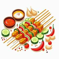 An overhead view of several colorful grilled skewers with chicken, bell peppers, onions, and cucumbers, served with two dipping sauces, fresh garlic, and red chilies on a white background.