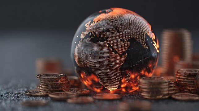 Shimmering globe with digital map showcasing continents surrounded by stacks of coins, representing global finance and economic growth in modern world