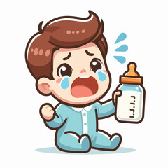 A cute cartoon baby boy crying and holding a milk bottle.