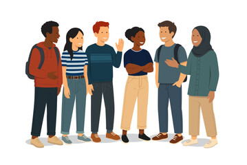 illustration vectorielle représentant un groupe de jeunes adultes, étudiants ou lycéens, d'origines et d'ethnies différentes qui discutent entre eux. Symbole de la diversité et de la tolérance