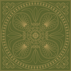 Vector green and gold square classical ornament of Ancient Greece and Roman Empire. Tile, Arabesque, Byzantine pattern
