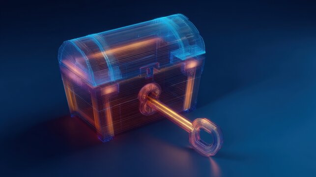 Futuristic Treasure Chest with Key Concept Representing Value, Security, and Digital Assets in Modern Technology Aesthetics