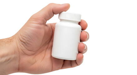 Hand holding white pill bottle healthcare and medical concept isolated
