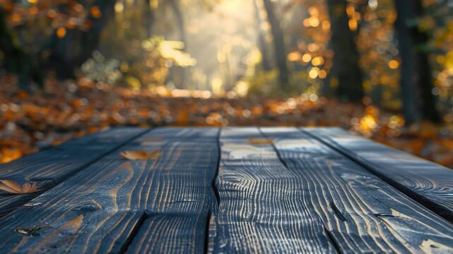 Video A wooden table stands alone in the midst of a forest, surrounded by trees and foliage