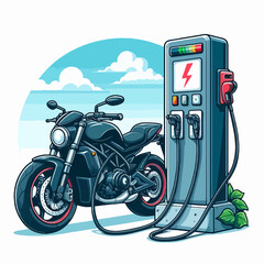 Electric motorcycle charging at a public station under a blue sky.