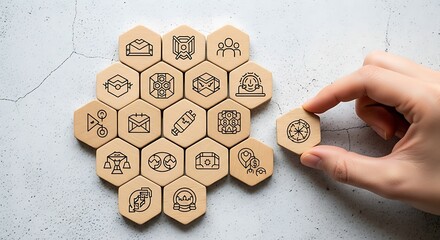 Hand placing hexagonal token with recycling symbol onto cluster of industry icons
