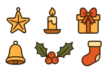 Set of six colorful Christmas holiday icons including star ornament candle gift bell and holly
