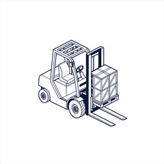Line art illustration of a forklift truck lifting a wooden crate on a pallet