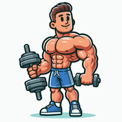 Cartoon bodybuilder lifting dumbbells, muscular man in blue shorts and sneakers.