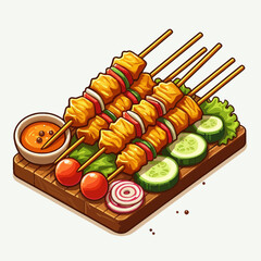 Illustration of delicious chicken satay skewers served on a wooden board with peanut sauce, fresh cucumber, tomatoes, and onions.