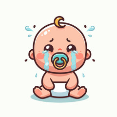A cute cartoon baby with a pacifier is sitting and crying with tears streaming down its face.
