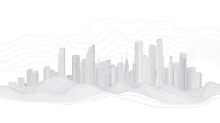 Fototapeta premium Cityscape skyline on rolling hills, digital rendering, architectural design, website banner