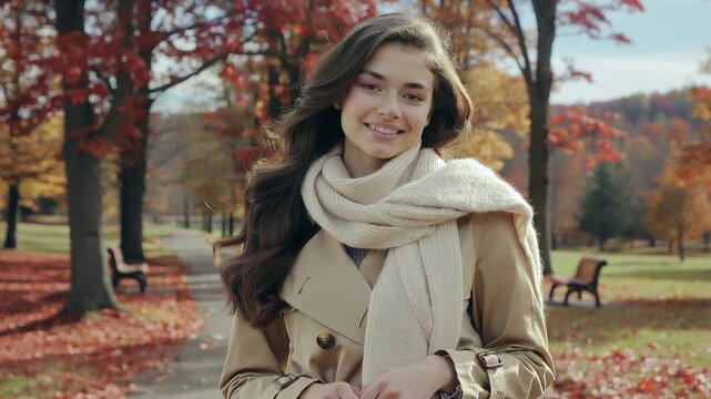 Bellissima donna vestita con un elegante cappotto e una sciarpa cammina felice in un parco di una citt&agrave; in autunno durante il foliage