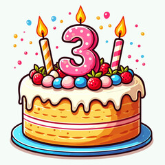 A colorful cartoon birthday cake celebrating a third anniversary with three lit candles and berries.