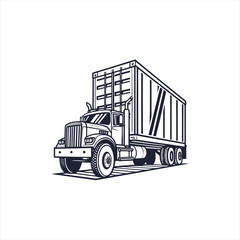 Stylized black and white illustration of a semi truck with a cargo container