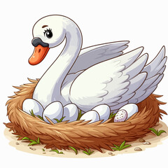 A charming cartoon illustration of a white swan nesting on a bed of straw with several white eggs.