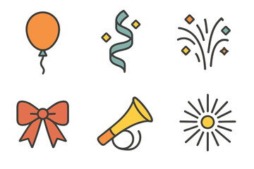 Colorful set of celebration and party icons featuring balloon ribbon and noisemaker
