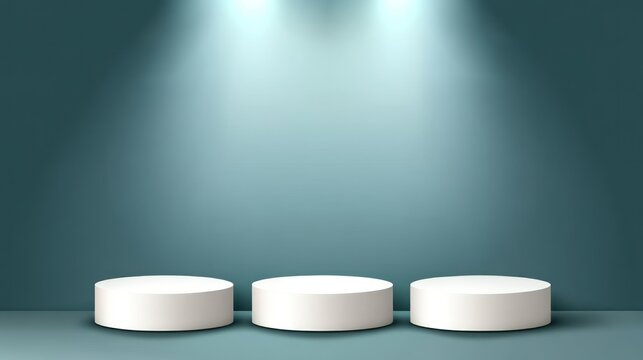Three white podiums on teal background, spotlight. Product display, award ceremony