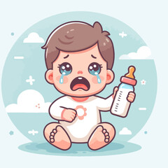 A cute cartoon baby with brown hair is crying loudly while holding an empty milk bottle, sitting on a light blue background with clouds.