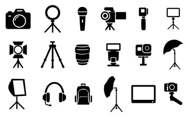 A sleek vector set of 20 black silhouette icons showcasing key photography and videography gear-perfect for creators and designers across digital, print, and educational media.
