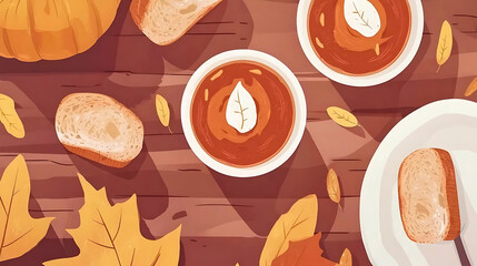 A drawing of a table with a bowl of soup, a plate of bread, and a fork