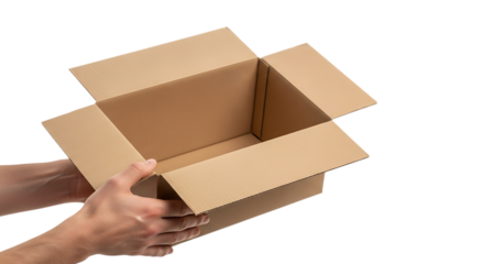 Hands Holding an Empty Cardboard Box on a Black Background