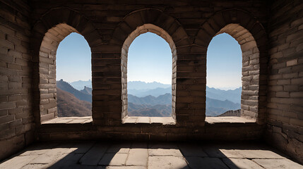 Fototapeta premium Looking through ancient arches to a mountain vista, a brick wall frames a stunning view of distant peaks under a blue sky, a timeless panorama unfolds.