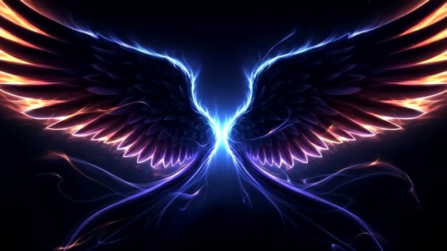 Ethereal glowing angel wings with vibrant colors against a dark background, symbolizing freedom