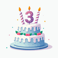A delightful two-tiered birthday cake, adorned with frosting, berries, and three lit candles, celebrating a third birthday.