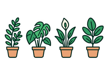 Fototapeta premium Four stylized potted houseplant icons featuring vibrant green foliage