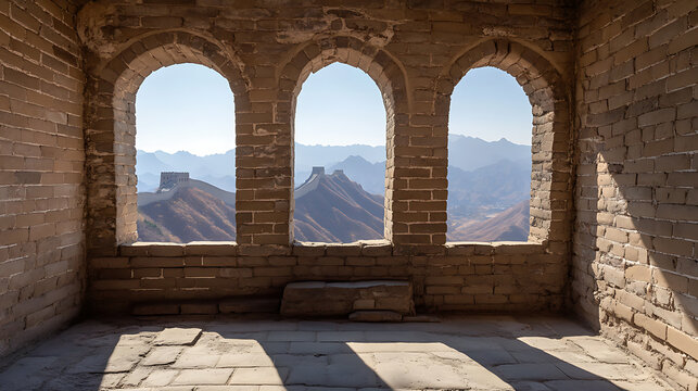 Three archways frame distant mountainous landscape, revealing weathered stone architecture and historic atmosphere. Sunlit room casts geometric shadows.