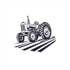 Vintage tractor plowing a field with stylized stripes