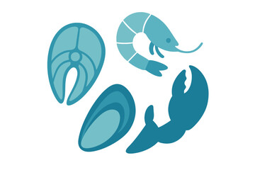 Obraz premium Stylized blue icons representing assortment of seafood including fish shrimp and shellfish