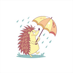 Cute hedgehog walking in the rain with an umbrella