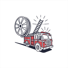 Stylized illustration of a red fire truck with a ladder and hose reel