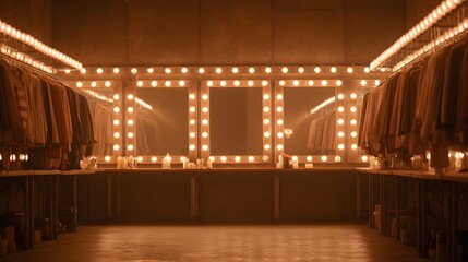 Backstage dressing hall blurred glowing vanity mirrors with blurred costumes on racks