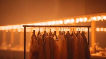 Backstage dressing hall blurred glowing vanity mirrors with blurred costumes on racks