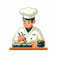 Cartoon chef in uniform preparing sushi with chopsticks on a wooden board.