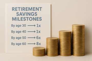 Retirement savings milestones chart with stacked gold coins, financial planning, investment growth, wealth management, and future security concept