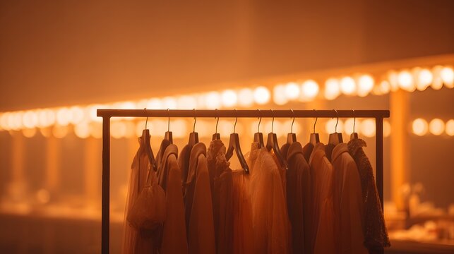 Backstage dressing hall blurred glowing vanity mirrors with blurred costumes on racks