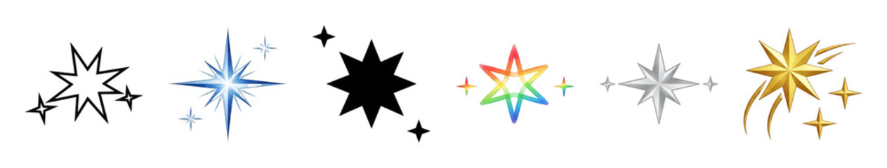 Obraz premium Glowing star set including blue, rainbow, silver, and gold variations isolated. Festive and celebratory graphic elements.