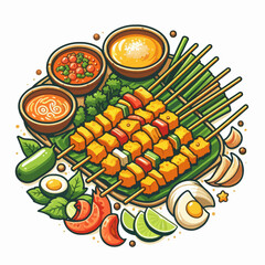 Vibrant illustration of grilled skewers with dipping sauces, fresh vegetables, and garnishes on a platter.