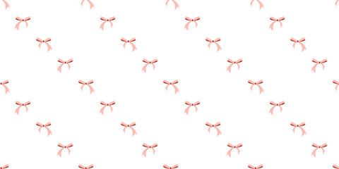 Sweet, delicate vector seamless pattern featuring soft pink bows arranged diagonally, embodying romantic femininity and perfect for Valentine's Day stationery, apparel, or wedding design.