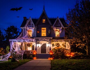 Fototapeta premium A spooky Halloween-themed house decorated with jack-o'-lanterns, spiderwebs, and bats at night.