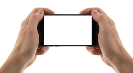 Hands holding smartphone in horizontal position with blank white screen display