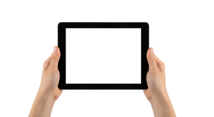 Hands holding tablet computer with blank screen on black background