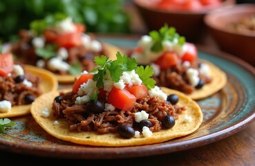 Delicious Mexican sopes with seasoned shredded beef, black beans are ready. Fresh toppings like diced tomatoes, crumbled cheese, and cilantro garnish make this vibrant, savory meal on rustic plate.
