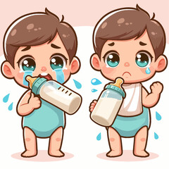 Two cute cartoon baby boys crying while holding milk bottles.